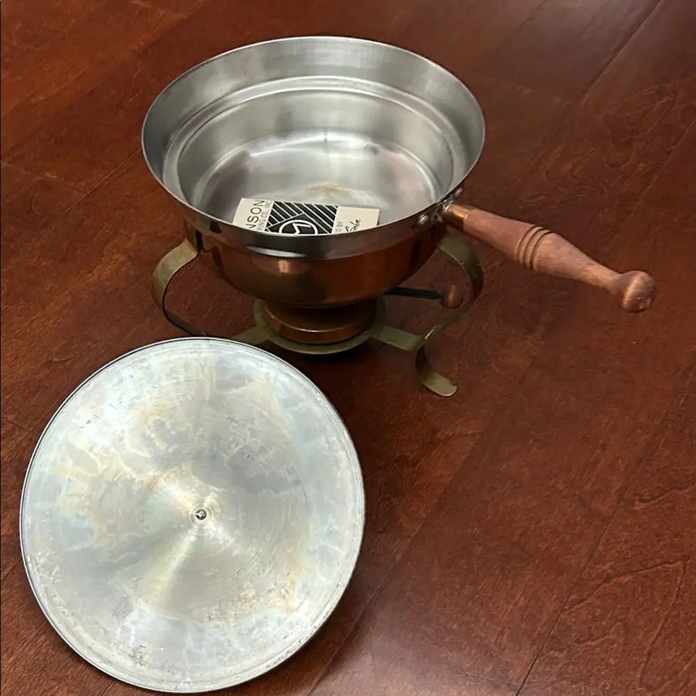 Vintage Brass Chafing Set, Copper with a Wooden Handle, Mid Century Modern